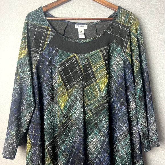 Catherines Womens 2X Blue Green Black Whimsigoth Sheer Trim Tunic Top Blouse - Picture 2 of 11